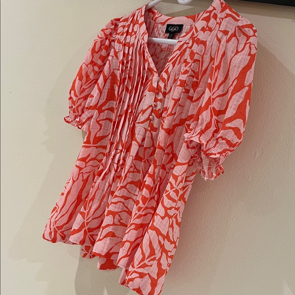 GGO Women's orange and White Patterned Blouse - Picture 3 of 8